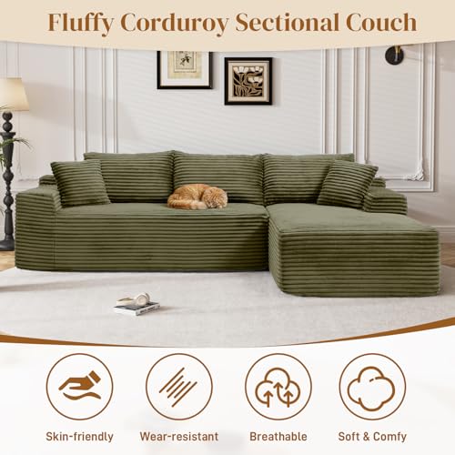 Image of 95 inch L Shaped Boneless Sectional Couches, Wide Armrest, Deep Seat, Memory Foam, Assembly Free, Modern Comfy Corduroy Fluffy Cloud Sofa with Right Chaise for Living Room, Small Spaces, Green