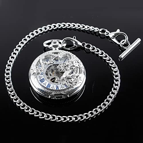 Image of Men's Mechanical Hollow Design Hand Wind Pocket Watch Roman Numerals Steampunk with Chain Box