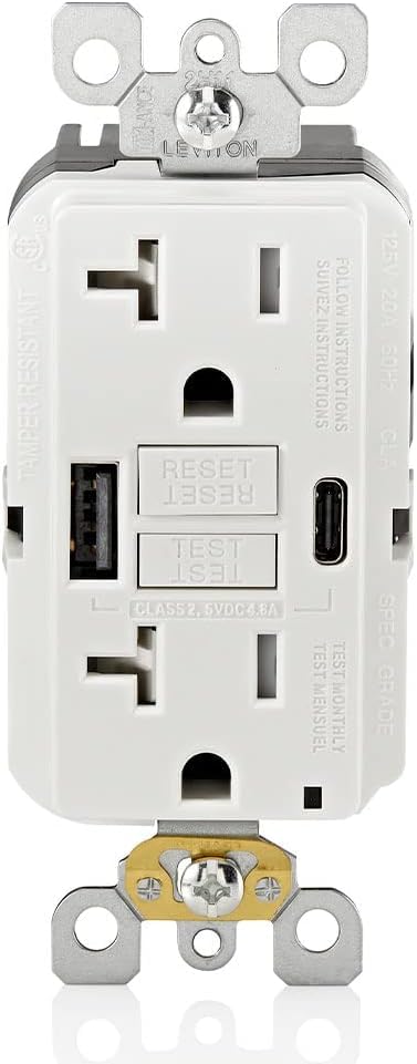 Image of Leviton 20A SmartlockPro Self-Test GFCI Combination with Type A & Type-C USB in-Wall, USB Charger for Smartphones and Tablets, GUAC2-W, White (Pack of 10)