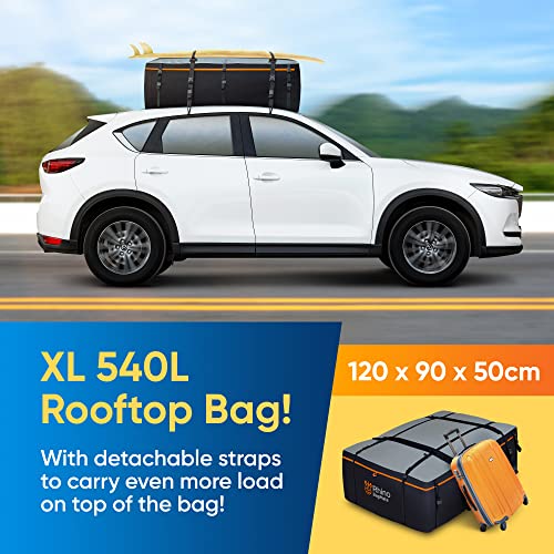 Bagmate Military-Grade Waterproof Roof Bag - Rooftop Cargo Carrier – 19 Cubic Feet. (540L) With 4 Door Hooks, Zipper/Buckle Closure, Extra Strap – Black Roof Bag For Cars With Or Without Rack #TOP1