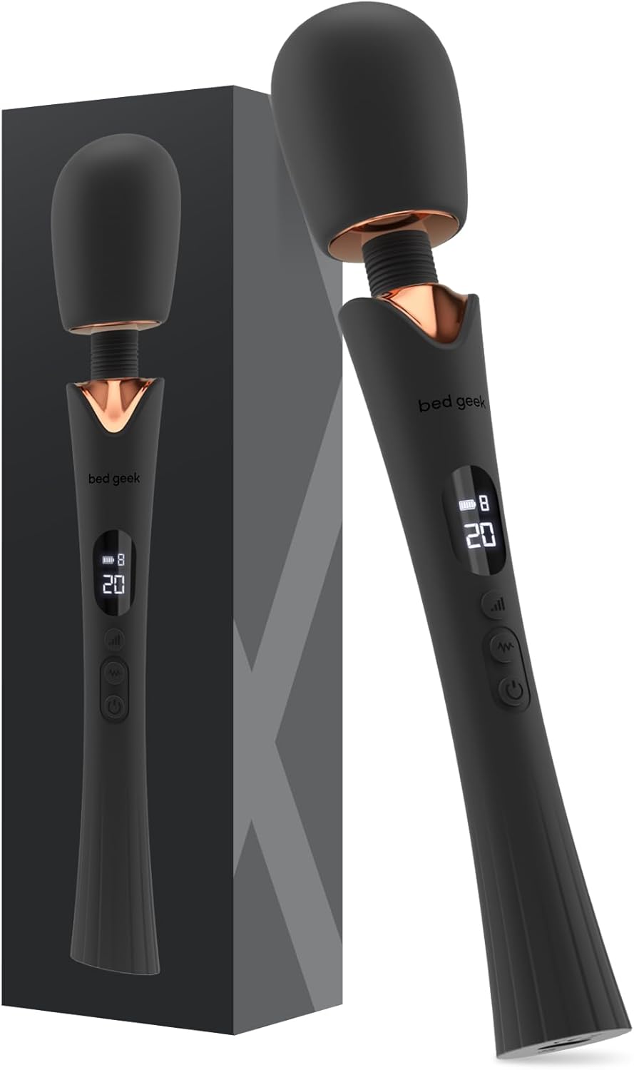 bed geek Cordless Wand Massager – Super Powerful Handheld Massage with 20 Speeds & 8 Patterns, Soft Silicone Head, Quiet Motor, LED Display, Body-Safe & Waterproof Black & Rose Gold