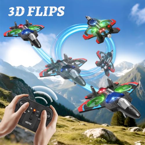 Image of 4DRC V32 Foam RC Airplane Drone with 4 Batteries, 80 Mins Long Flight RC Plane Helicopter Fighter Jet for Kids Adults 8-16, 360 Flip Stunt RC Airplane Helicopter with LED Lights, Gift for Boys