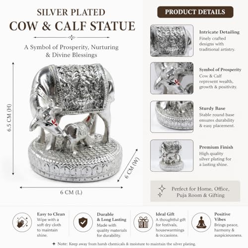 Image of CraftVatika 999 Pure Silver-Plated Kamdhenu Cow with Calf Idol Statue 2.5 Inch Vastu Home Decor for Pooja Room & Mandir, Home Decoration Items, House warming Gifts, Anniversary Wedding Gifts for Women