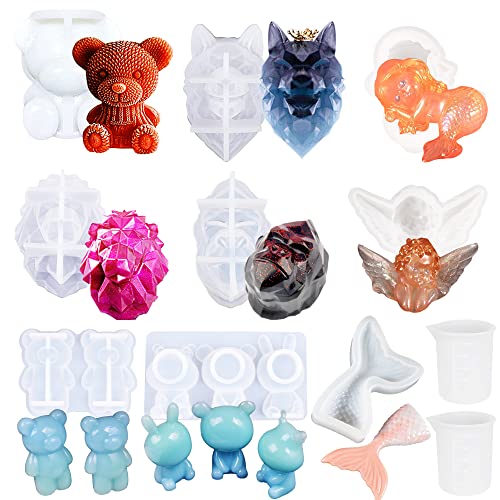 Allazone 3D Animal Resin Molds, 9 PCS 3D Animal Epoxy Resin Silicone Moulds Mermaid Resin Casting Moulds with Measurement Cup for Resin Craft DIY, Keychain, Home Decoration