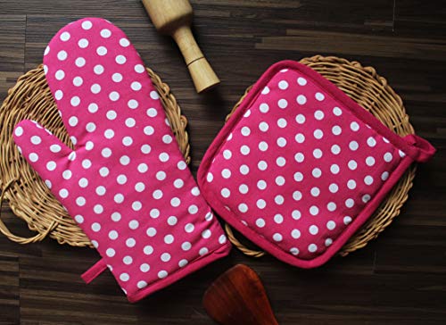 Airwill © Cotton Designer Pattern Heat Resistant Kitchen Linens (1 Oven Mitt & 1 Pot Holder) (Pink,White)