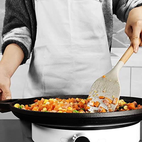 14 Pcs Silicone Cooking Utensils Kitchen Utensil Set - 446°F Heat Resistant,Turner Tongs,Spatula,Spoon,Brush,Whisk. Wooden Handles Khaki Kitchen Gadgets Tools Set for Non-stick Cookware (BPA Free)