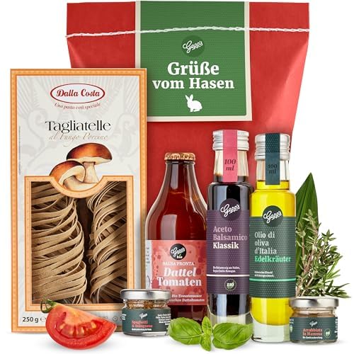 Gepp's Feinkost Ostergeschenk GRÜSSE VOM OSTERHASEN mit italienischen Spezialitäten, Geschenk-Korb mit Nudeln al Fungo Porcino, Tomatensauce uvm., Präsentkorb zu...
