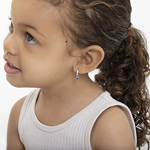 Image of In Season Jewelry Simulated Birthstone Heart Charm Girls Hoop Earrings for Kids - 925 Sterling Silver Little Girl Hoop Earrings - Hypoallergenic & Comfortable with Secure Latch Closure
