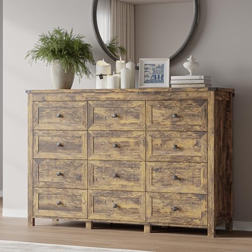 Image of BORNOON 12-Drawer Dresser, Modern Wooden Storage Chest of Drawers, Dresser TV Stand, Wood Drawer Organizer with Metal Handles for Bedroom, Living Room, Hallway