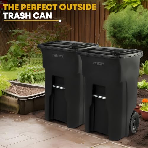 96 Gallon Heavy Duty Trash Can - Durable Plastic Garbage Bin with Lid and Wheels - Rugged Outdoor Waste Container for Residential, Commercial, Indoor, and Curbside Use