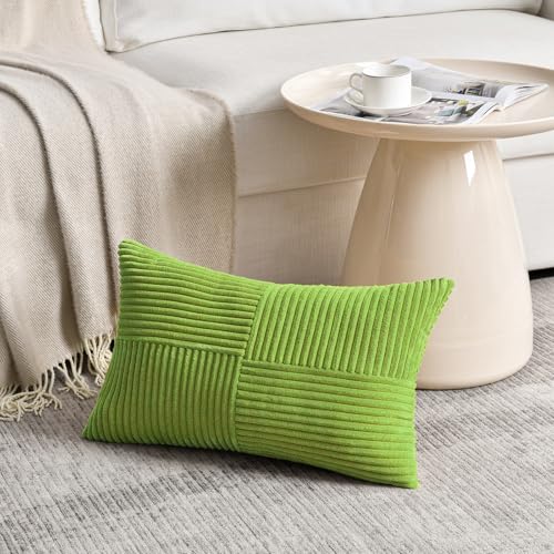 Image of Fancy Homi Set of 2 Lime Green Long Lumbar Decorative Throw Pillow Covers 12x24 Inch for Couch Bed Sofa, Modern Farmhouse Boho Home Decor, Soft Striped Corduroy Rectangle Accent Cushion Case 30x60 cm