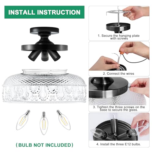 Lamomo Semi Flush Mount Ceiling Light, Upgraded Larger Black Hallway Light Fixture, 3-Bulb Globe Glass Close To Ceiling Light, Indoor Hanging Light For Bedroom Kitchen Porch Hallway,Bulbs Not Included thumb #3
