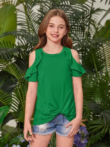 Image of BesserBay Girls Cold Shoulder Tops Twist Front Tunic Ruffle Sleeve Summer Blouses 5-14 Years