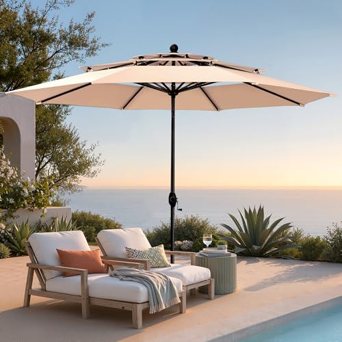 PHI VILLA 10ft Patio Umbrellas, Outdoor 3 Tier Vented Large Market Table Umbrella with 8 Sturdy Ribs and 1.5' Umbrellla Pole for Lawn Poolside Garden Terrace, Beige(No Base)