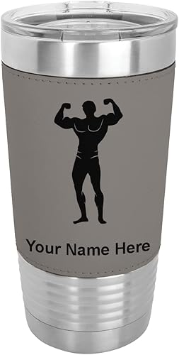 LaserGram 20oz Vacuum Insulated Tumbler Mug Bodybuilder Personalized Engraving Included Faux Leather Gray