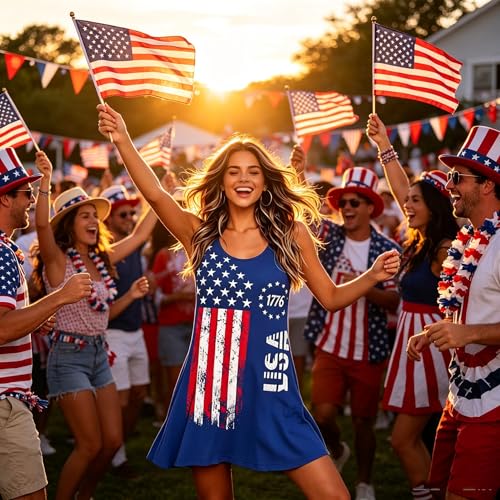 Image of Roshop Womens Juneteenth Flag Sleeveless Dress 4th of July Patriotic Swing Sundress with Pockets