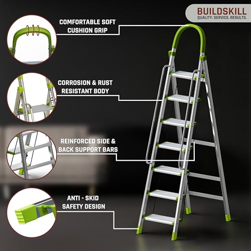 Image of BUILDSKILL Aluminium Ladder for Home 7 Steps | 36x16cm Wide Anti-Slip Aluminium Steps | Stainless Steel Body | Handrails | Load 150 Kg | Foldable Lightweight 8.15KG Ladder for Kitchen, Office & Home
