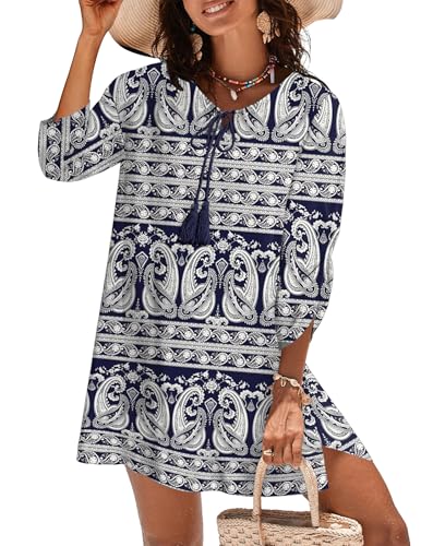 Image of Zeagoo Womens Boho Dresses Casual Beach Summer Dress Tassel Tie Neck 3 /4 Long Sleeve Mini Sundress 2026 Floral Print Cover Up