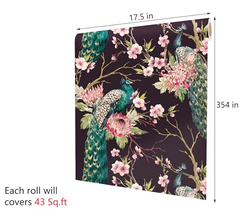 Decotalk Peacock Peel and Stick Wallpaper 17.5" x 354" Green Peacock Wallpaper for Bedroom Nursery Wall Retro Wallpaper Removable Black/Pink Floral Wallpaper Green Birds Pink Floral Wall Paper