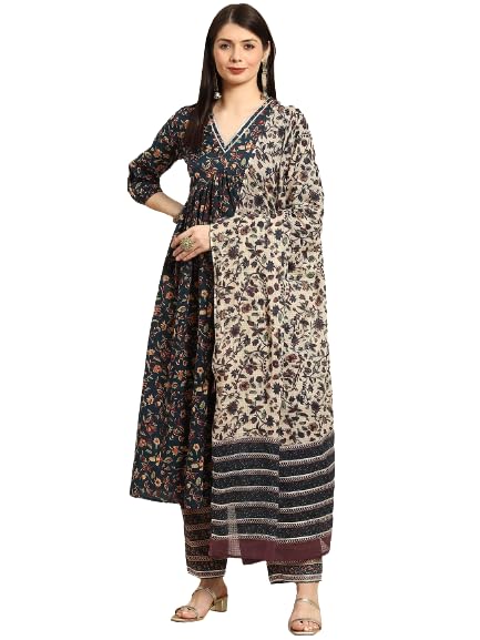 Women's Cotton Printed Teal- Green Anarkali Kurta with Palazzo & Dupatta Set