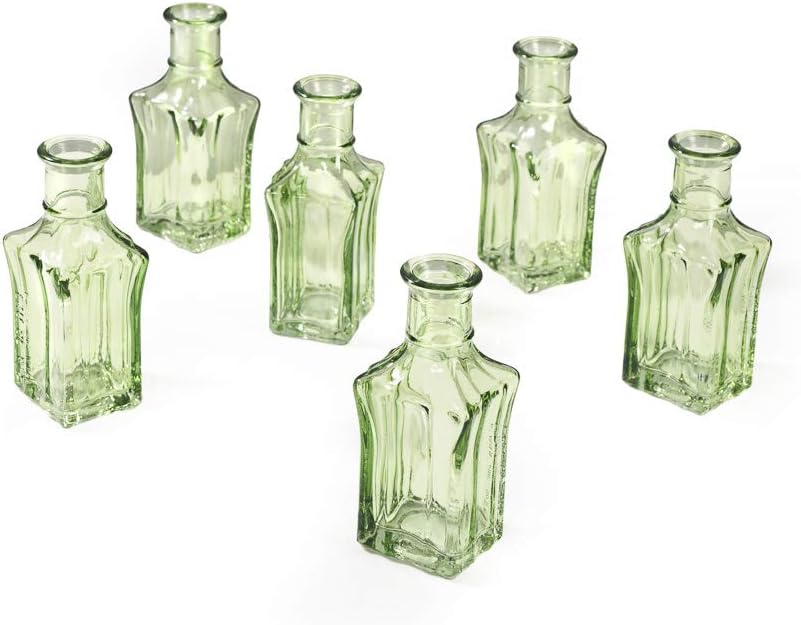 Serene Spaces Living Mini Green Glass EAU de Vie Square Bud Vase, Centerpiece for Wedding Reception, Mini Flower Vases for Home Decor, Vintage Bottle Style Vase, Pack of 6