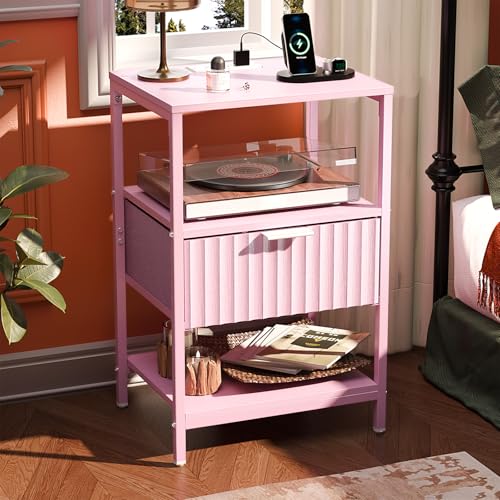 Image of VINGLI Pink Nightstand with Fabric Drawer, Fluted Nightstand with Charging Station, Night Stand Pink Bedside Table with Charger Station for Bedroom, Kids Room, 14.96 inch W*11.81 inch D*23.7 inch H, 1 pc
