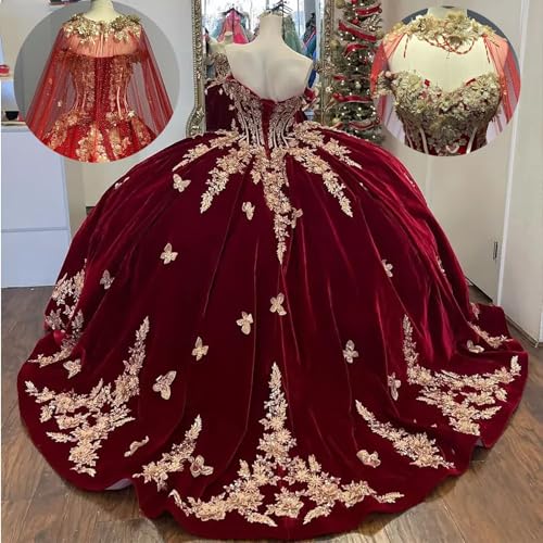 TRHTX Princess Velvet Quinceanera Dresses with Cape Sparkly Gold Butterfly Appliques Sweet 16 Dresses Lace Ball Gown4