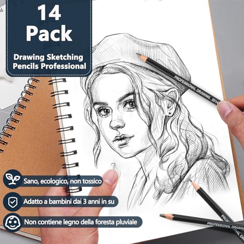 Blendura 14 Professional Drawing Pencils Sketching Pencils Set 12B, 10B, 8B, 7B, 6B, 5B, 4B, 3B, 2B, B, HB, 2H, 4H, 6H, Black - Image 4
