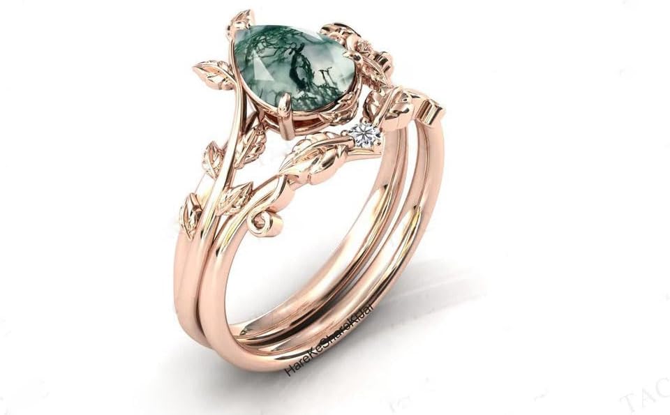 Pear Shaped Moss Agate Engagement Ring for Women, Black Rhodium Leaf Design Ring Set, Solid 925 Sterling Silver Art Deco Wedding Jewelry, Two Piece Statement Ring
