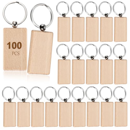 TOLIDA 100 llaveros de madera natural, discos de madera natural, llaveros personalizados para regalos individuales, bolsas, etiquetas de nombre de mascota, manualidades, decoración, 53 x 30 mm