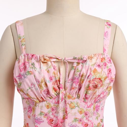 Image of Women Floral Corset Dress 2026 Boho Midi Sundress Summer Dress | Flowy A-Line Dress with Adjustable Spaghetti Straps Lace Up Back Front Slit High Waist for Vacation Wedding Guest