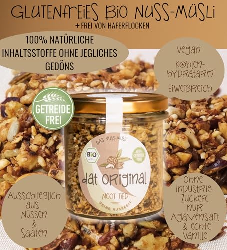 Nööt Tied - dat Original BIO Müsli ohne Zucker | Knuspriges Proteinmüsli mit Nüssen & Saaten | Getreidefreies Low Carb Knuspermüsli | Premium Muesli | Protein Granola aus Deutschland (150 g)