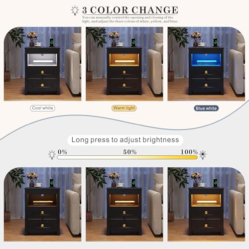 Image of FREDEES Gun Night Stand with LED Lights & Charging Station, Black | Human Sensor Lights, USB /Type-C /Wireless Charging Station, Smart Farmhouse Bedside Table