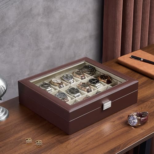 Image of ProCase Watch Box Organizer, 18 Slot Watch Display Case, Espresso&Beige | Watches Storage Boxes Holder for Men Women, Large Glass Lid, Removable Pillows, Anniversary Christmas Birthday Gifts