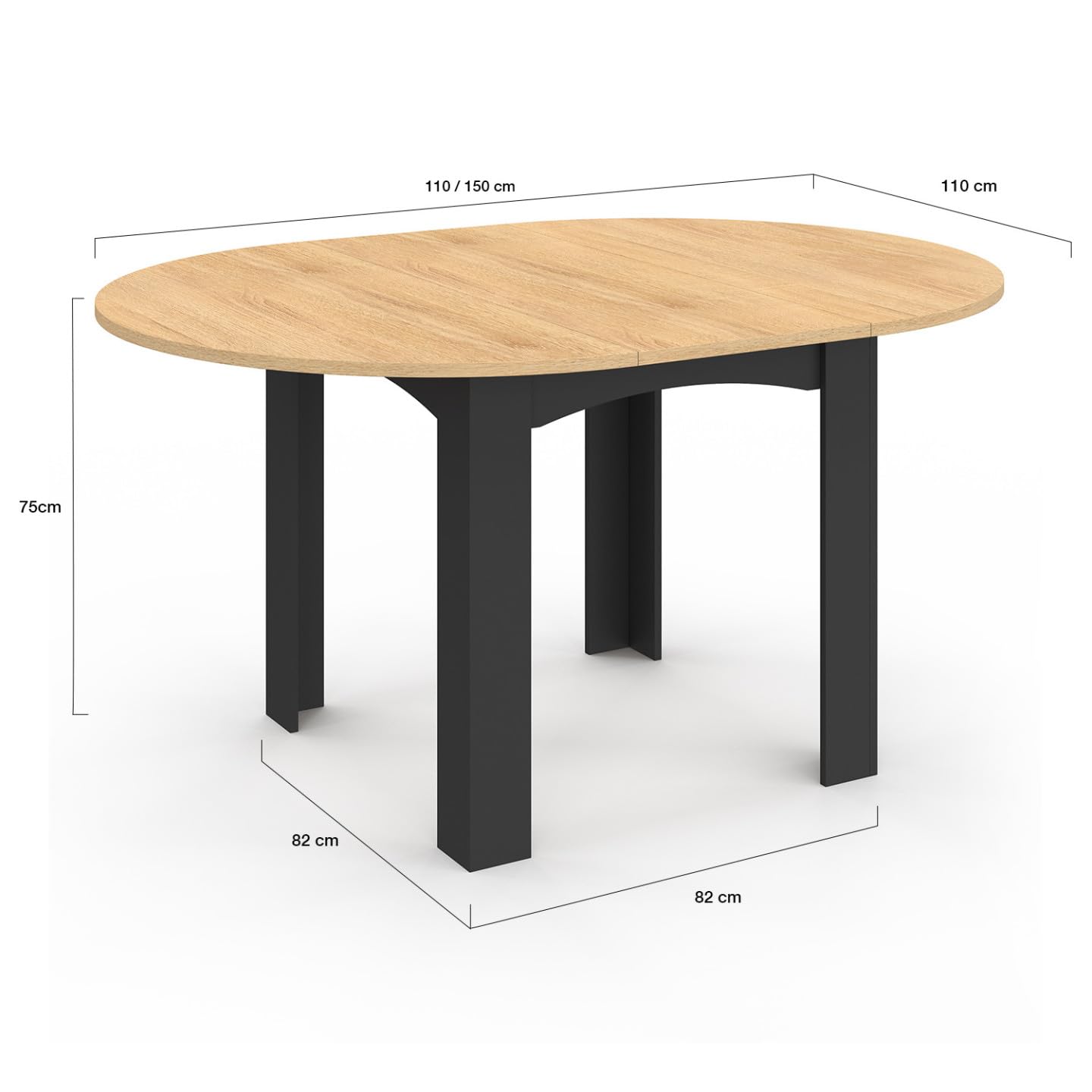 IDMarket - Table à Manger Extensible Ronde Dona 4-8 Personnes Noire Plateau façon hêtre 110-150 cm