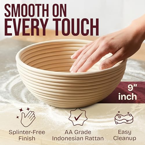 Superbaking Banneton Bread Proofing Basket, Sourdough Bread Baking Supplies, Round 9 Inch Sourdough Starter Kit, Proofing Basket for Baking, Bread Making Supplies Tools, Banneton Basket Gift Set