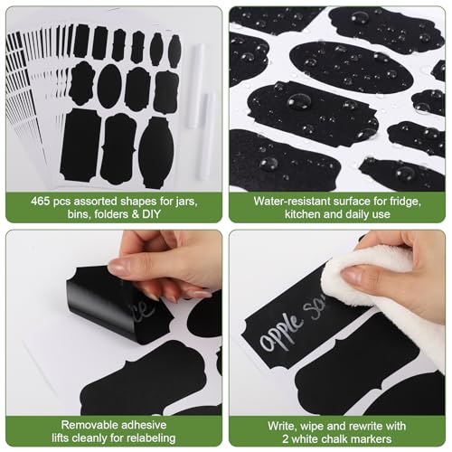 465-Chalkboard-Labels-for-Jars-and-Containers-with-2-White-Chalk-Markers-Waterproof-Reusable-Labels-In-Assorted-Sizes-And-Shapes-Sticks-To-Glass-Plastic-Metal-Wood-And-Ceramic