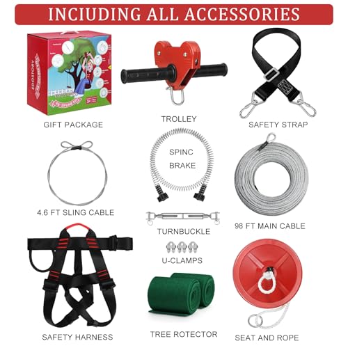 EDOSTORY Zip Line Kit for Kids and Adult Up to 330lb with Stainless Steel Ziplines Spring Brake and Safety Harness, Red