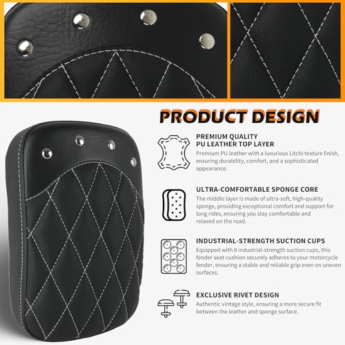 Image of DREAMIZER Universal Black Motorcycle Solo Passenger Seat Rear Cushion 8 Suction Cups Compatible with Harley Davidson Sportster XL 883 1200 Forty Eight Dyna Chopper Bobber Custom (Black-rivet)