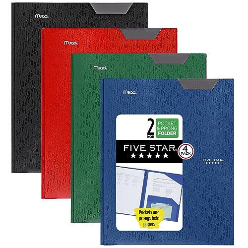 Five Star 2-Pocket Folder, 4 Pack, Plastic Folder with Stay-Put Tabs and Prong Fasteners, Holds 8-1/2" x 11" Paper, Black