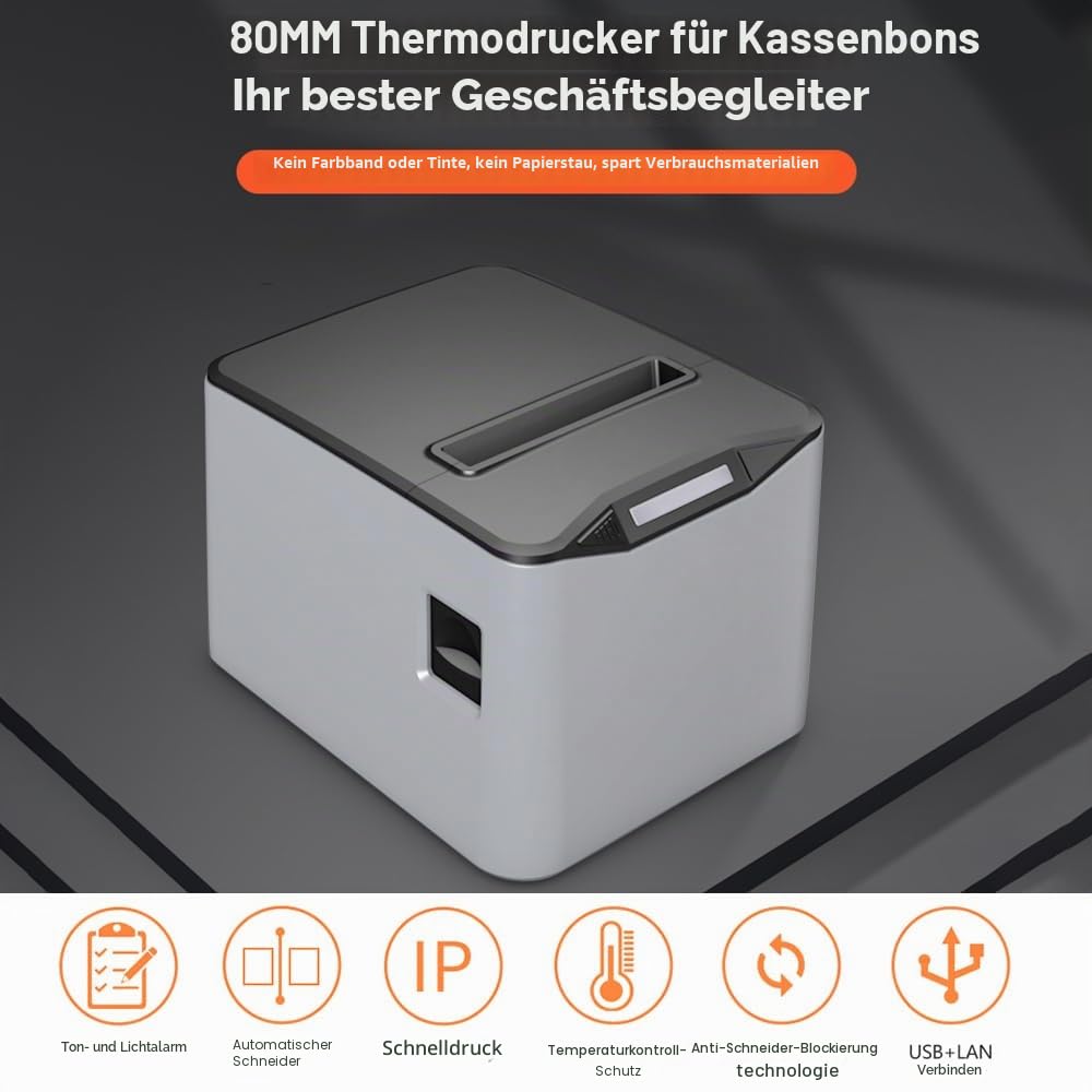 Bisofice Thermodrucker Bondrucker 80mm, Belegdrucker mit ESC/POS, Quittungsdrucker unterstützt Automatisches Schneiden (220 mm/s, USB + Ethernet-Anschluss)