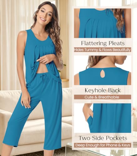 Image of NACHILA Pajamas for Women-Viscose Made from Bamboo, Sleeveless Pjs Tank Top Capri Pants Pajama Sets Cooling Sleepwear