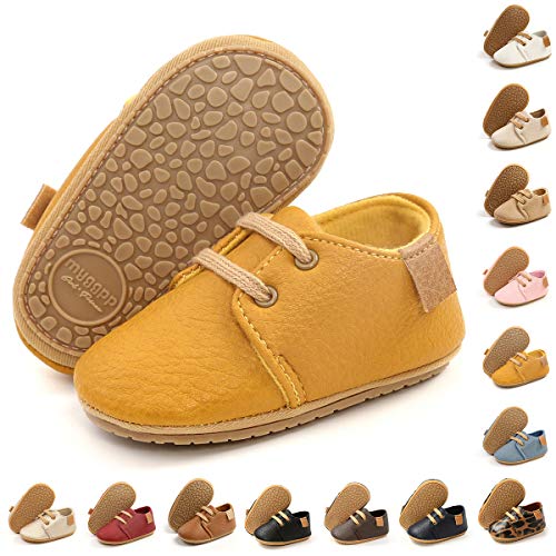 BENHERO Baby Boys Girls Oxford Shoes Soft Sole PU Leather Moccasins Rubber Sole Sneakers Anti-Slip Infant Toddler First Walkers Crib Dress Shoes Sneaker(6-12 Months Infant, A-Yellow)