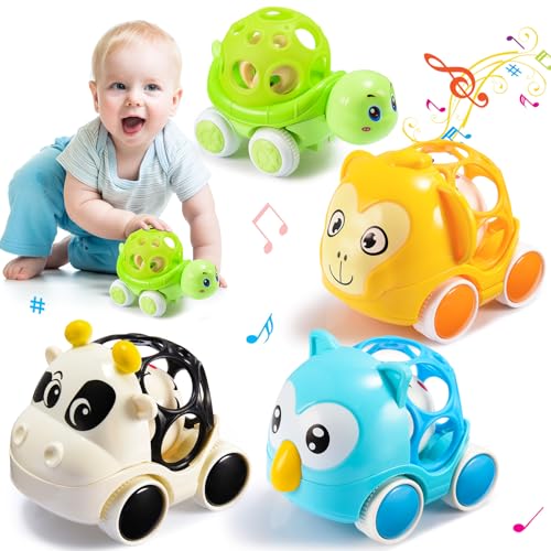 Image of Rattle Cars Toys for Babies Age 1-2, 4 Pcs Animals Infant Baby Toy for 3-6-12-16-18 Months Toddler Boys Girls Gifts, Push & Go Trucks Montessori Rattle Car for 1 2 Year old Toddlers Birthday Gift