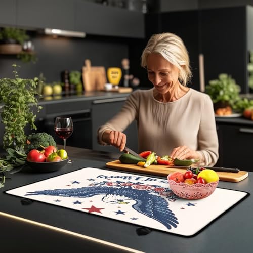 Image of Poceacles USA Theme Stove Top Cover Glass Stove Top Cover Heat Resistant Oil Resistant Cooktop Protector Stovetop Mats for Patriotic Kitchen Decor, Eagle Rose 250 Years Print Beige