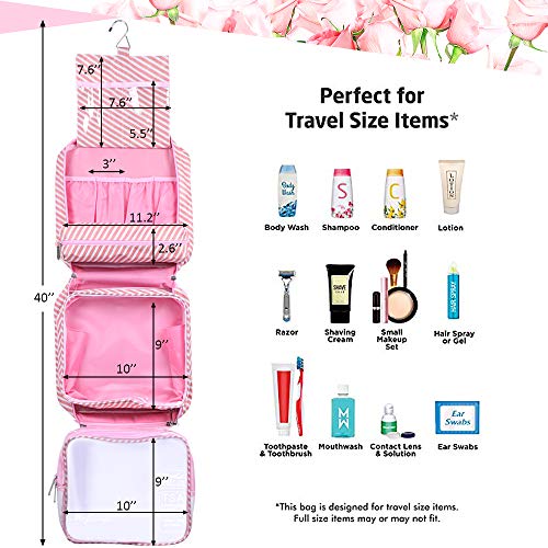 Hanging Travel Toiletry Bag Waterproof Makeup Organizer Large Capacity Portable Travel Storage Pouch Cosmetic Handbag with Sturdy Hook/Detachable Clear Bag/Luggage Strap (Striped Pink) - Thumbnail 3