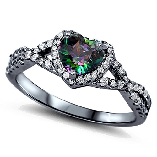 Heart Promise Halo Ring Simulated Rainbow Topaz Round Cubic Zirconia Infinity Twisted Black Tone 925 Sterling Silver, Size - 6