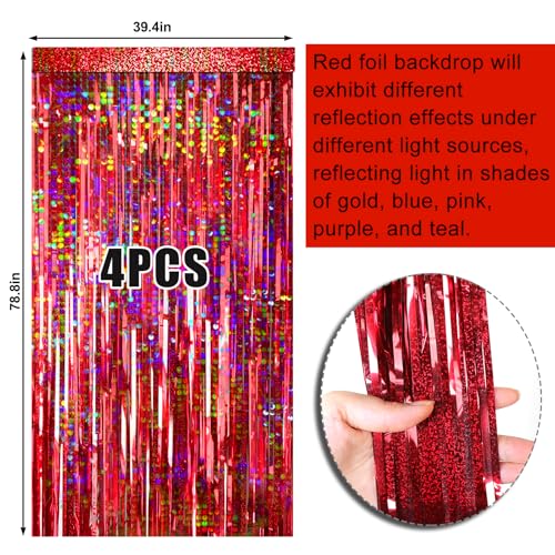 Image of 4 Packs Red Foil Fringe Curtain, Red Glitter Metallic Tinsel Backdrop for Birthday, Wedding, Baby Shower, Halloween, Christmas, Carnival, Casino Party Decorations Supplies
