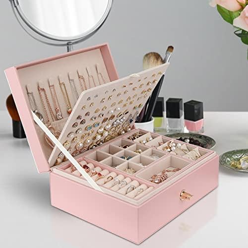 Jewellery Box Organiser for Necklace Earrings Bracelets Rings, Large PU Leather Jewelry Storage Case with 3 Stackable Layer, Jewellery Boxes Holder for Women Girls