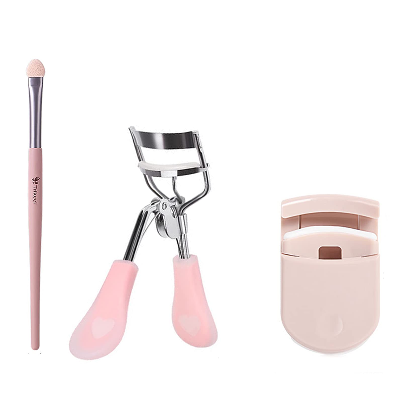 Wan Fei Eyelash Curler, Portable Mini Eyelash Curler & Eye Shadow Wand Set, 2 Styles with a Single Pointed Sponge Eye Shadow Brush, Built-in Replacement Silicone Pad 2, Tight Fit &Eyelash Protection